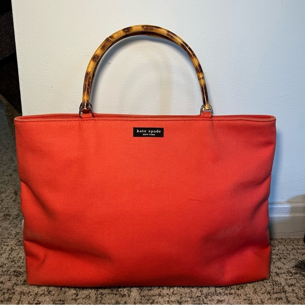 Kate Spade New York Melon Colored Two Wooden Handles Canvas Handle Bag
